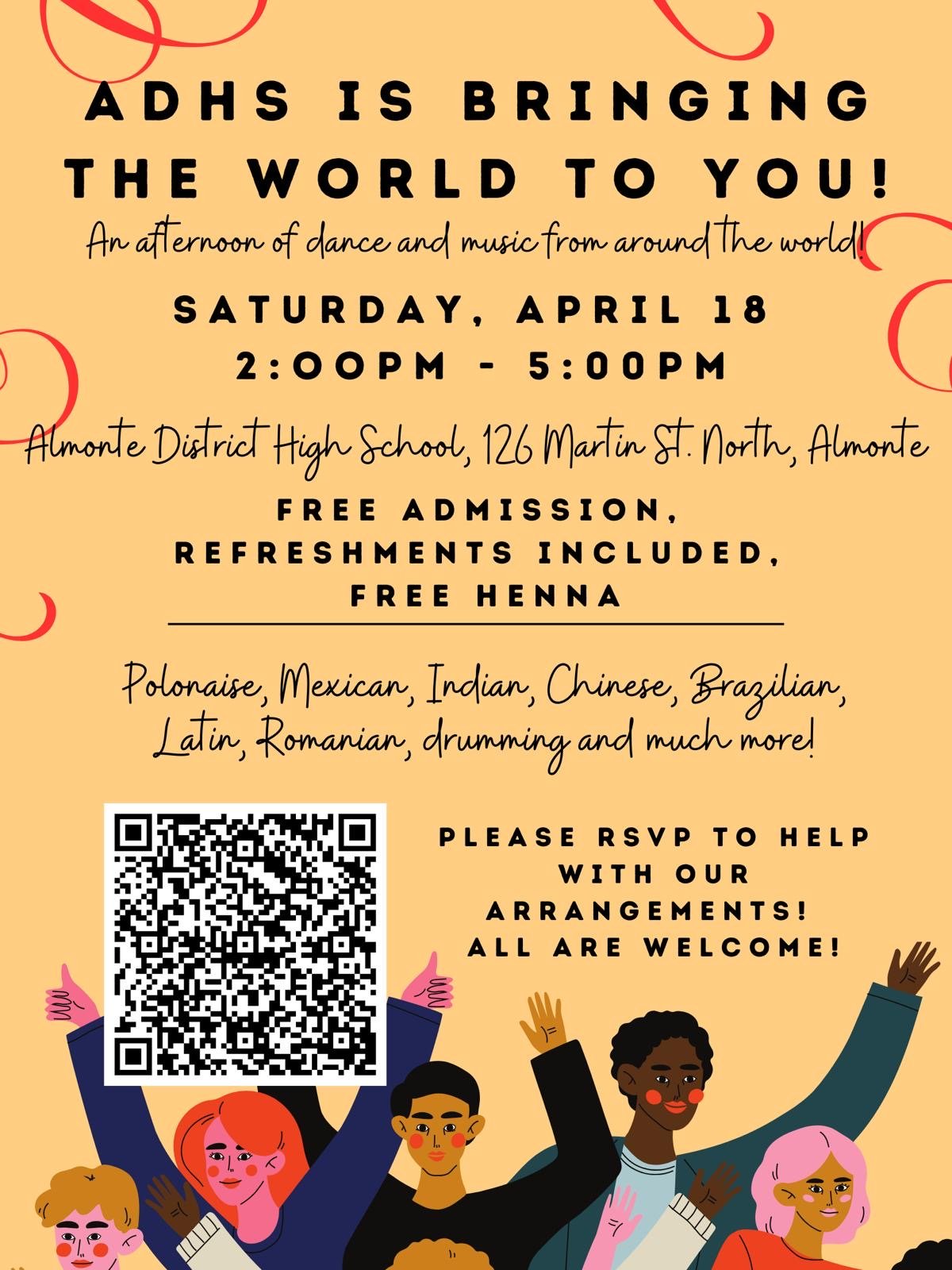 Flyer: ADHS Is Bringing the World to You—afternoon of dance and music from around the world, April 18.